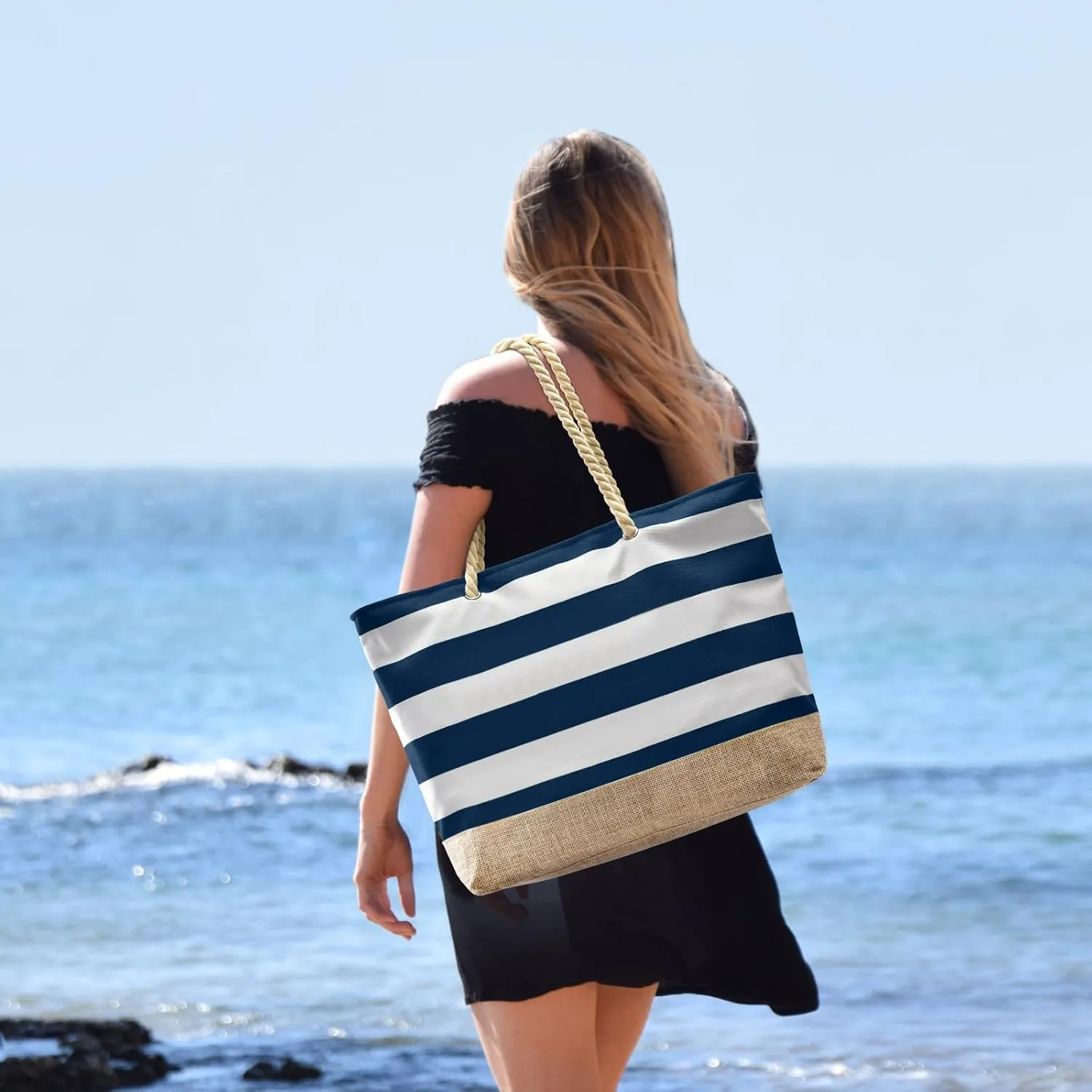 Becokan Beach Bags for Women Large Canvas Beach Tote Bag Beach Bags Waterproof Sandproof Swim Pool Bag Travel Essentials
