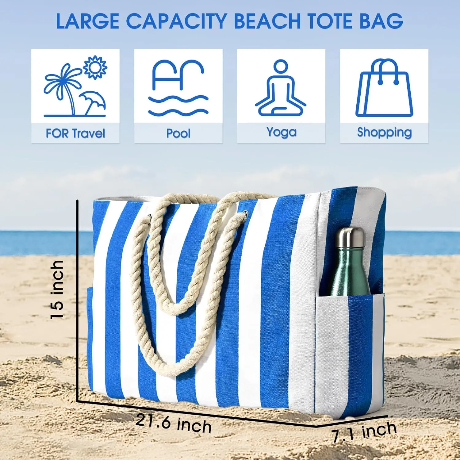 Becokan Women's Pool Swim Bag - Waterproof Sandproof Large Stripe Beach Tote with Zipper