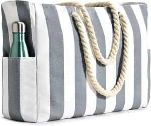 Becokan Women's Pool Swim Bag - Waterproof Sandproof Large Stripe Beach Tote with Zipper
