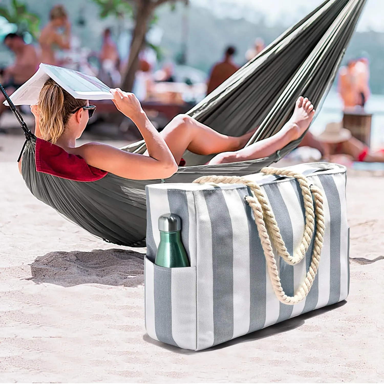 Becokan Women's Pool Swim Bag - Waterproof Sandproof Large Stripe Beach Tote with Zipper