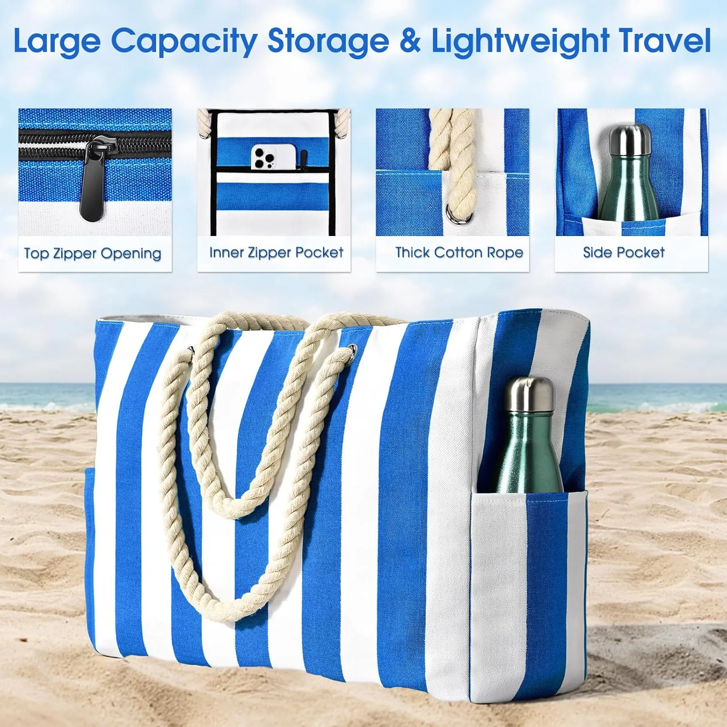 Becokan Women's Pool Swim Bag - Waterproof Sandproof Large Stripe Beach Tote with Zipper