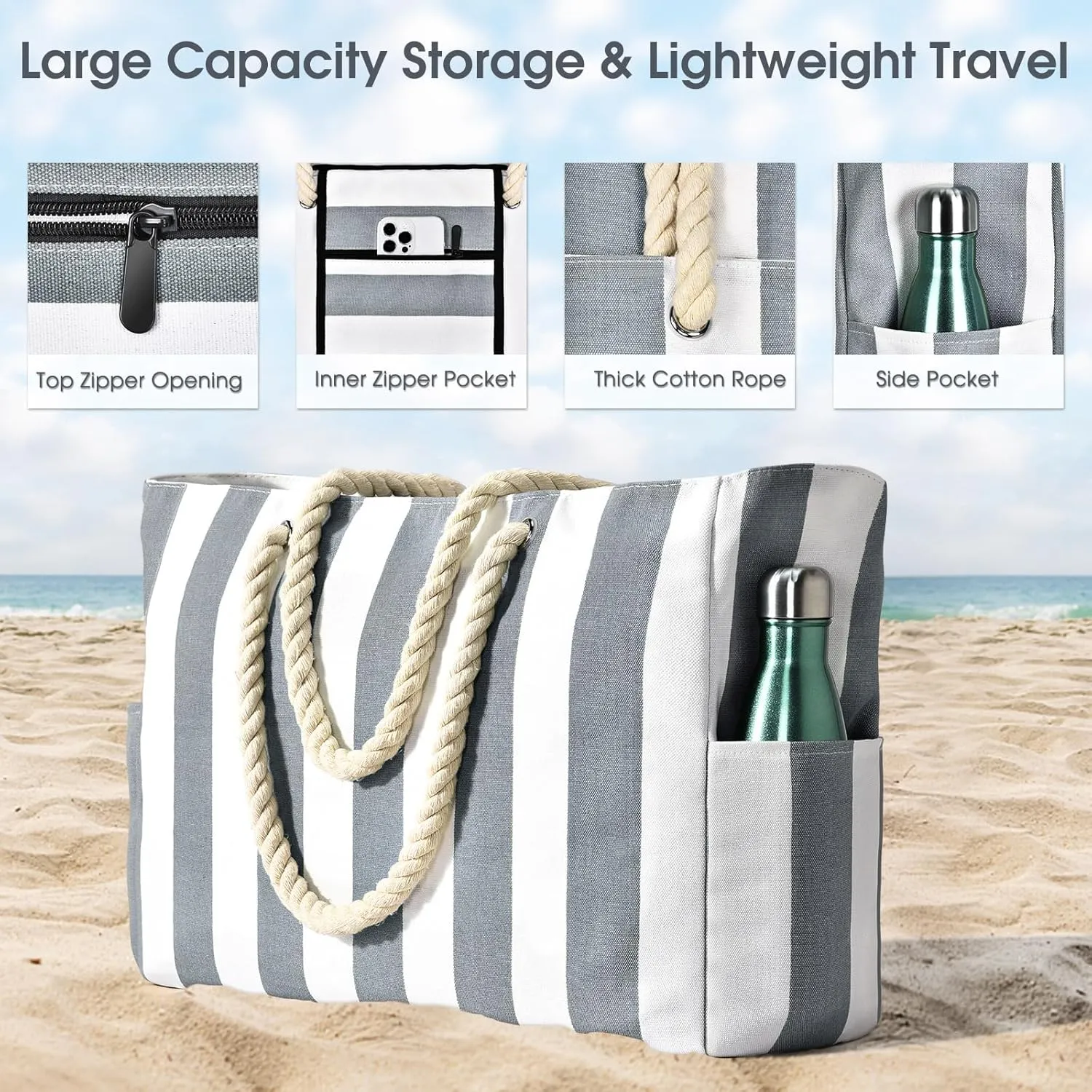 Becokan Women's Pool Swim Bag - Waterproof Sandproof Large Stripe Beach Tote with Zipper
