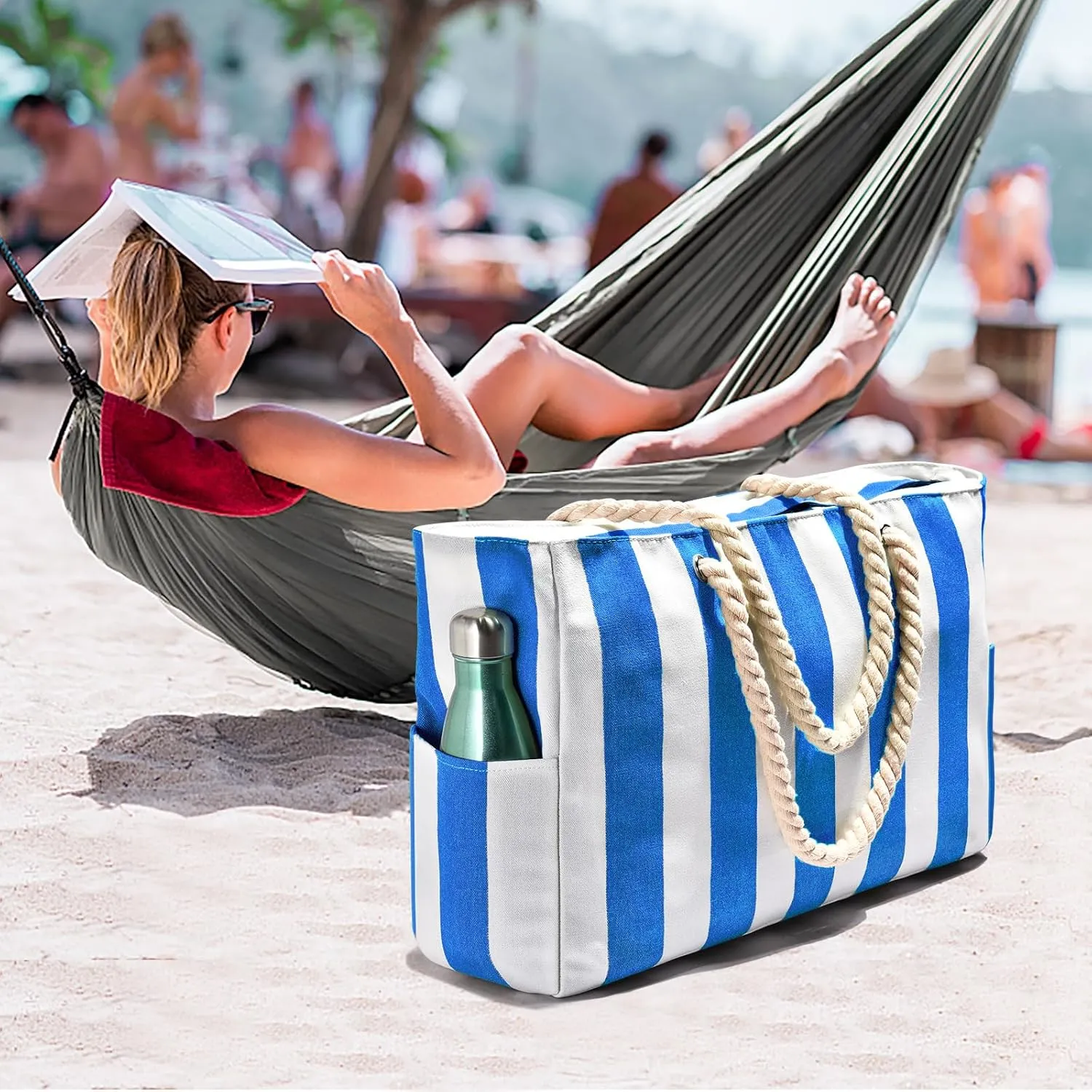 Becokan Women's Pool Swim Bag - Waterproof Sandproof Large Stripe Beach Tote with Zipper