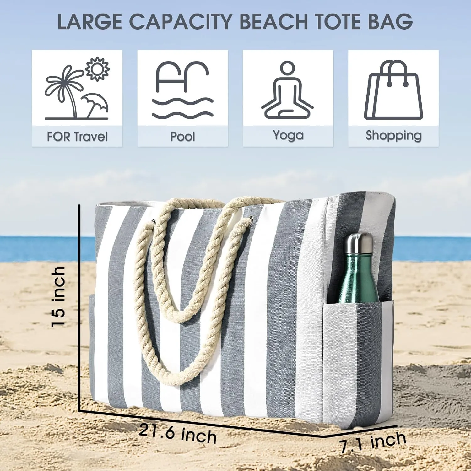 Becokan Women's Pool Swim Bag - Waterproof Sandproof Large Stripe Beach Tote with Zipper