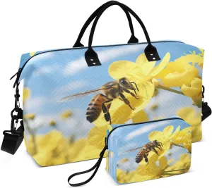 Bee Yellow Flower Travel Duffel Bag with Toiletry Bag Weekender Bag for Carry on Sports Gym Bag for Sports Yoga Gym
