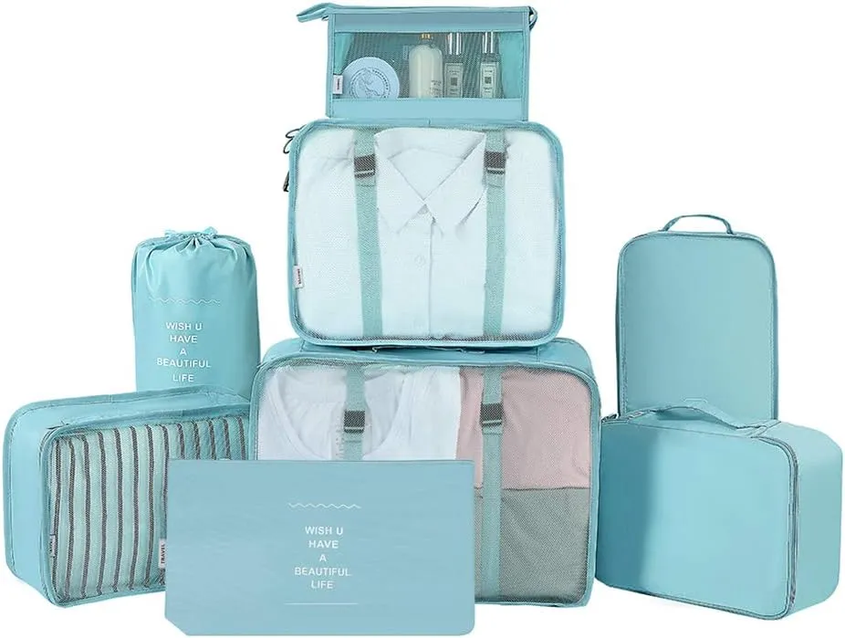 Belsmi 8 Set Packing Cubes with Shoe Bag - Compression Travel Luggage Organizer