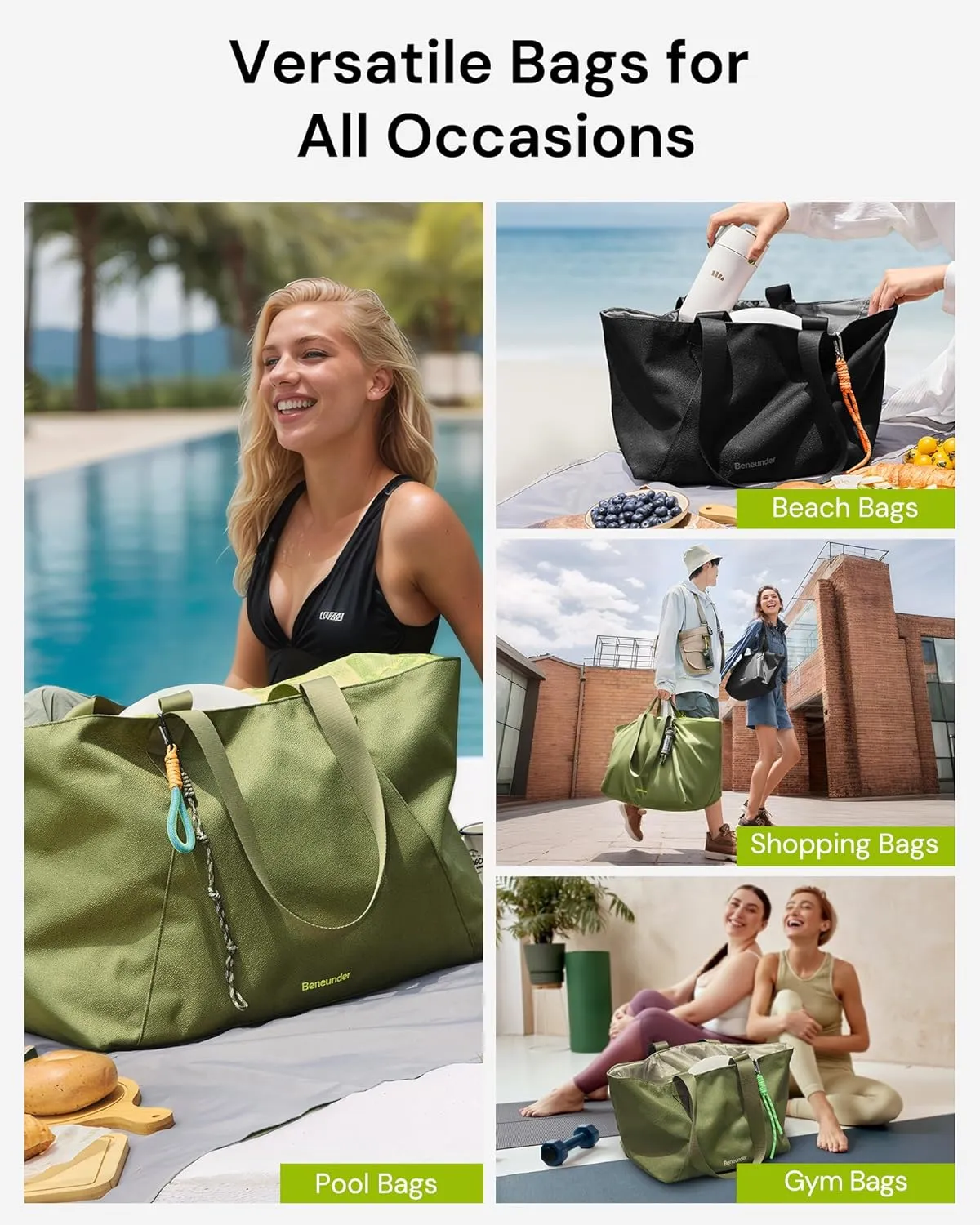 BENEUNDER Tote Bag for Women, Foldable Gym Tote Bag, Beach Tote Bag, Lightweight Shoulder Bag for Travel, Work, Sports(Large/Extra Large)