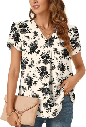 Bestbee Women's Dressy Chiffon Blouses V Neck Tops Tee 2025 Summer Shirts Petal Short Sleeve Casual T-Shirts