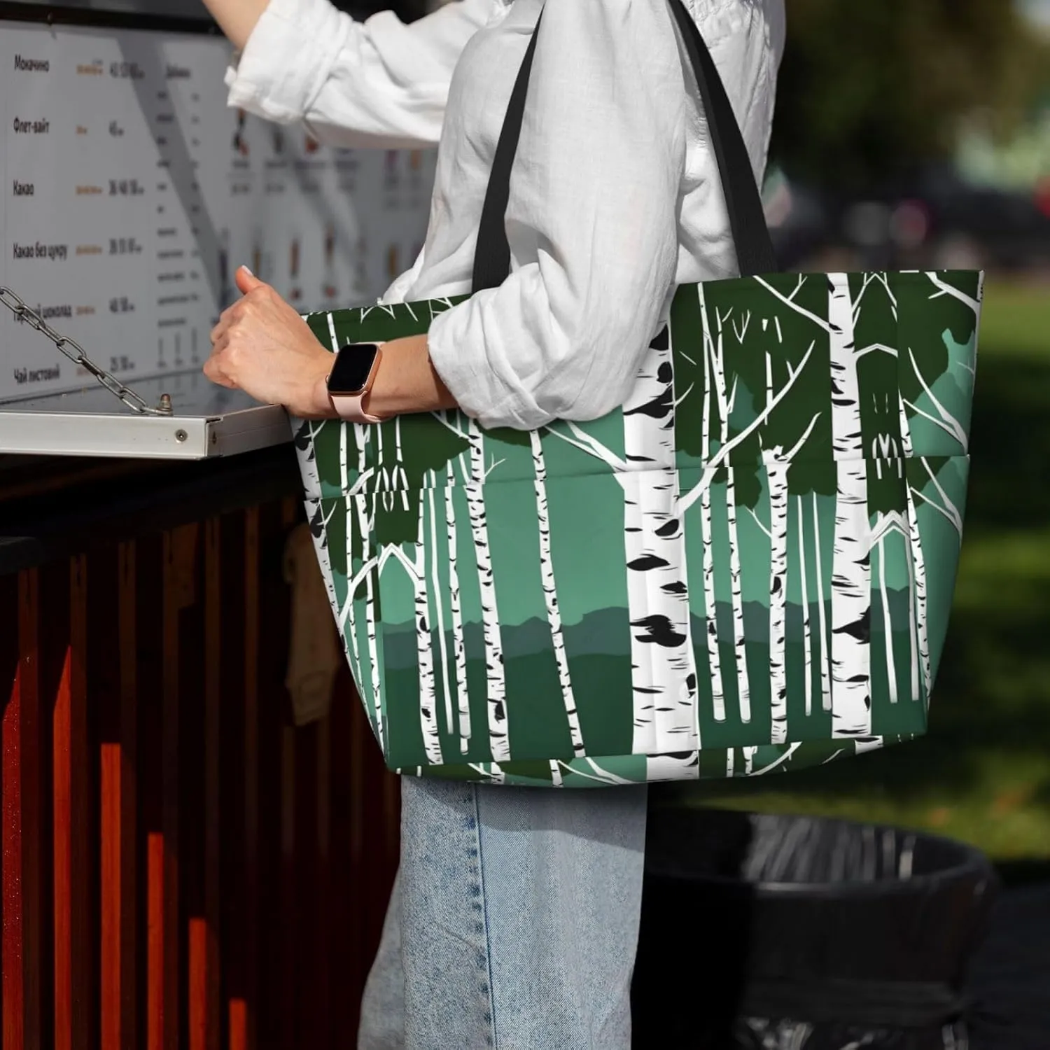 Birch Trees Large Capacity Tote Bag With Zipper Sandproof Women Beach Bag Handbag Gym Bag Travel Bag