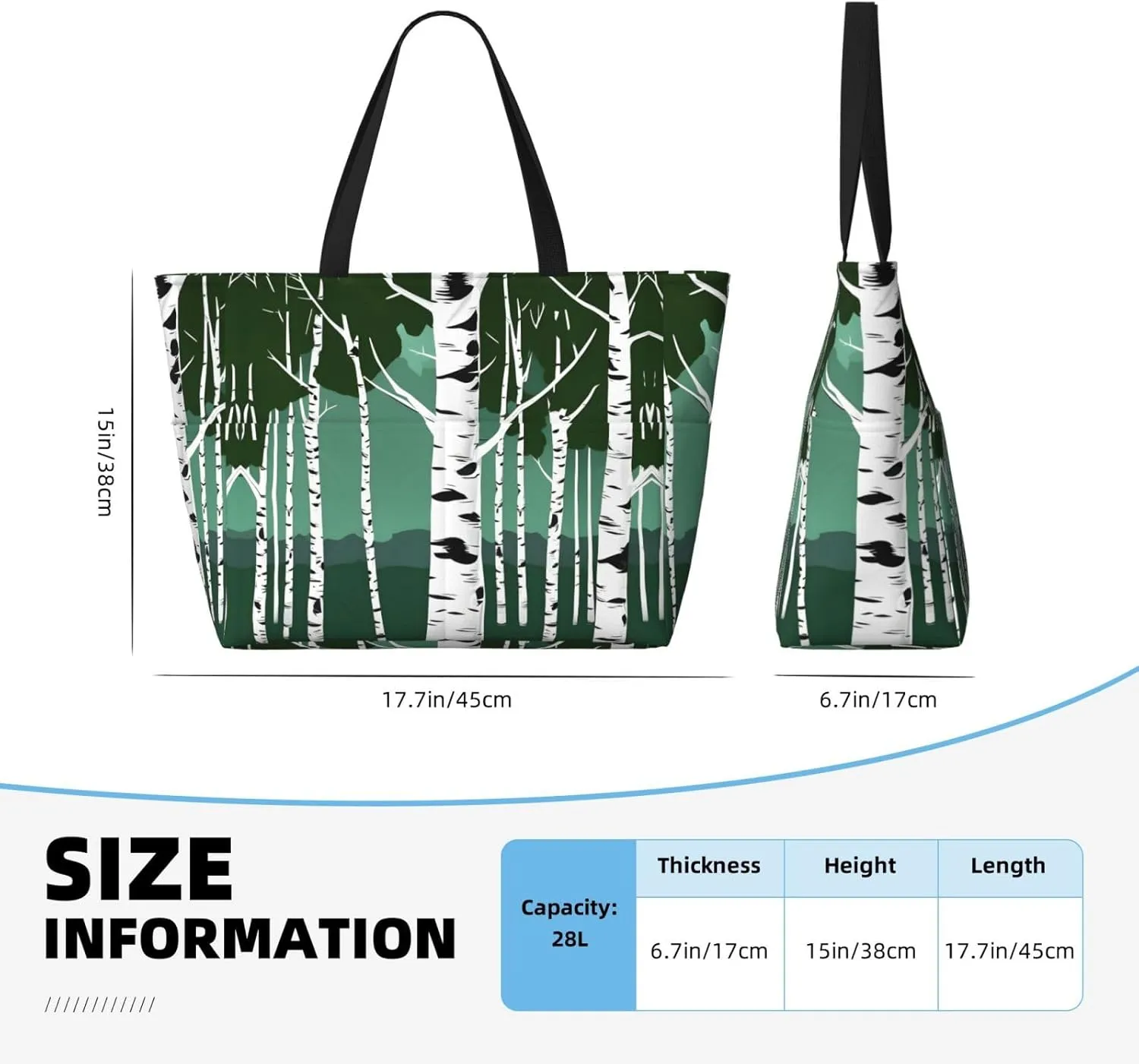 Birch Trees Large Capacity Tote Bag With Zipper Sandproof Women Beach Bag Handbag Gym Bag Travel Bag