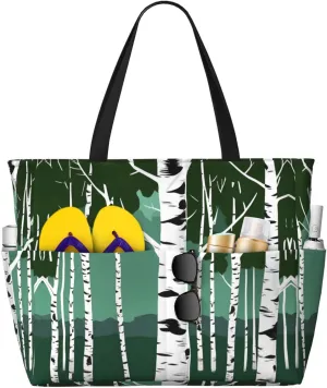 Birch Trees Large Capacity Tote Bag With Zipper Sandproof Women Beach Bag Handbag Gym Bag Travel Bag