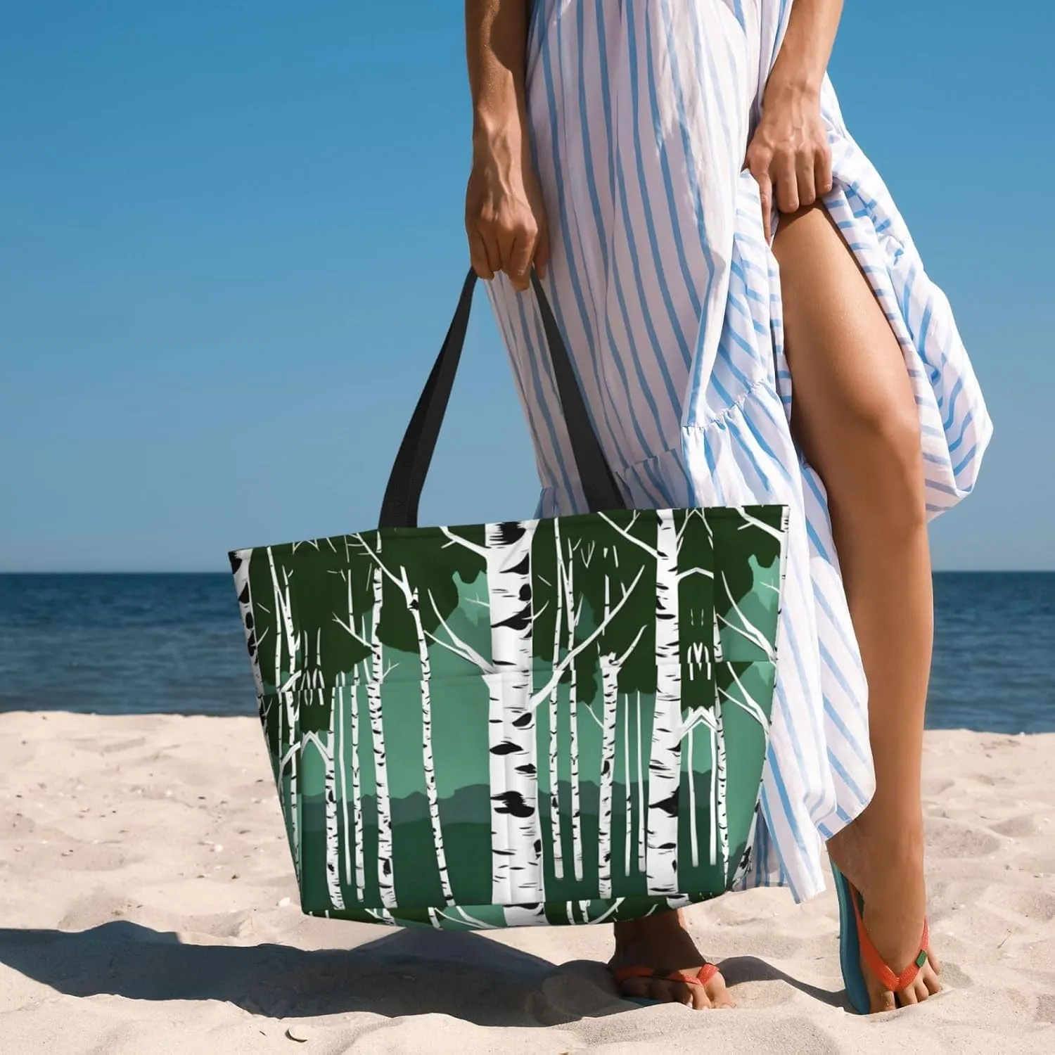 Birch Trees Large Capacity Tote Bag With Zipper Sandproof Women Beach Bag Handbag Gym Bag Travel Bag