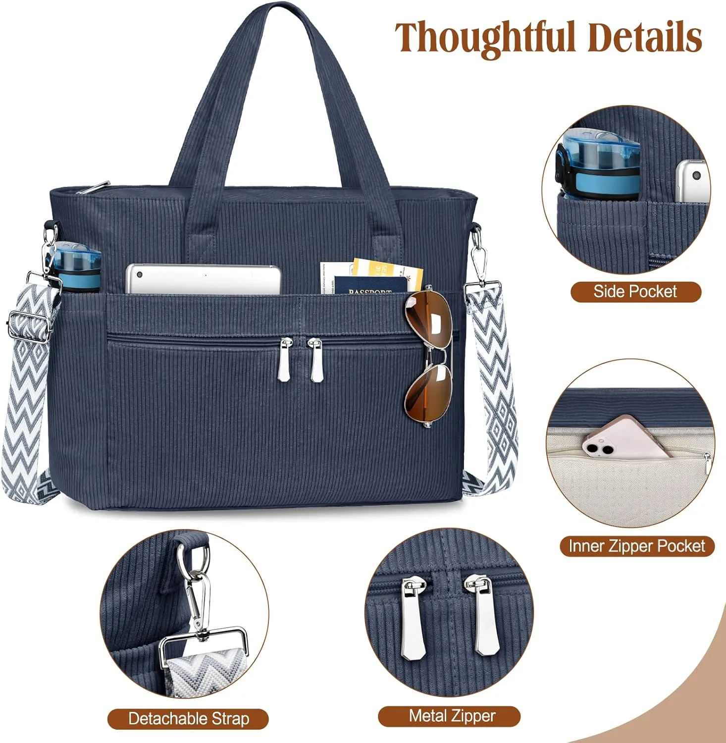 BKNOOU Large Corduroy Beach Tote Bag for Women Travel Carry on Weekender Bags Shoulder Handbag with Laptop Compartment