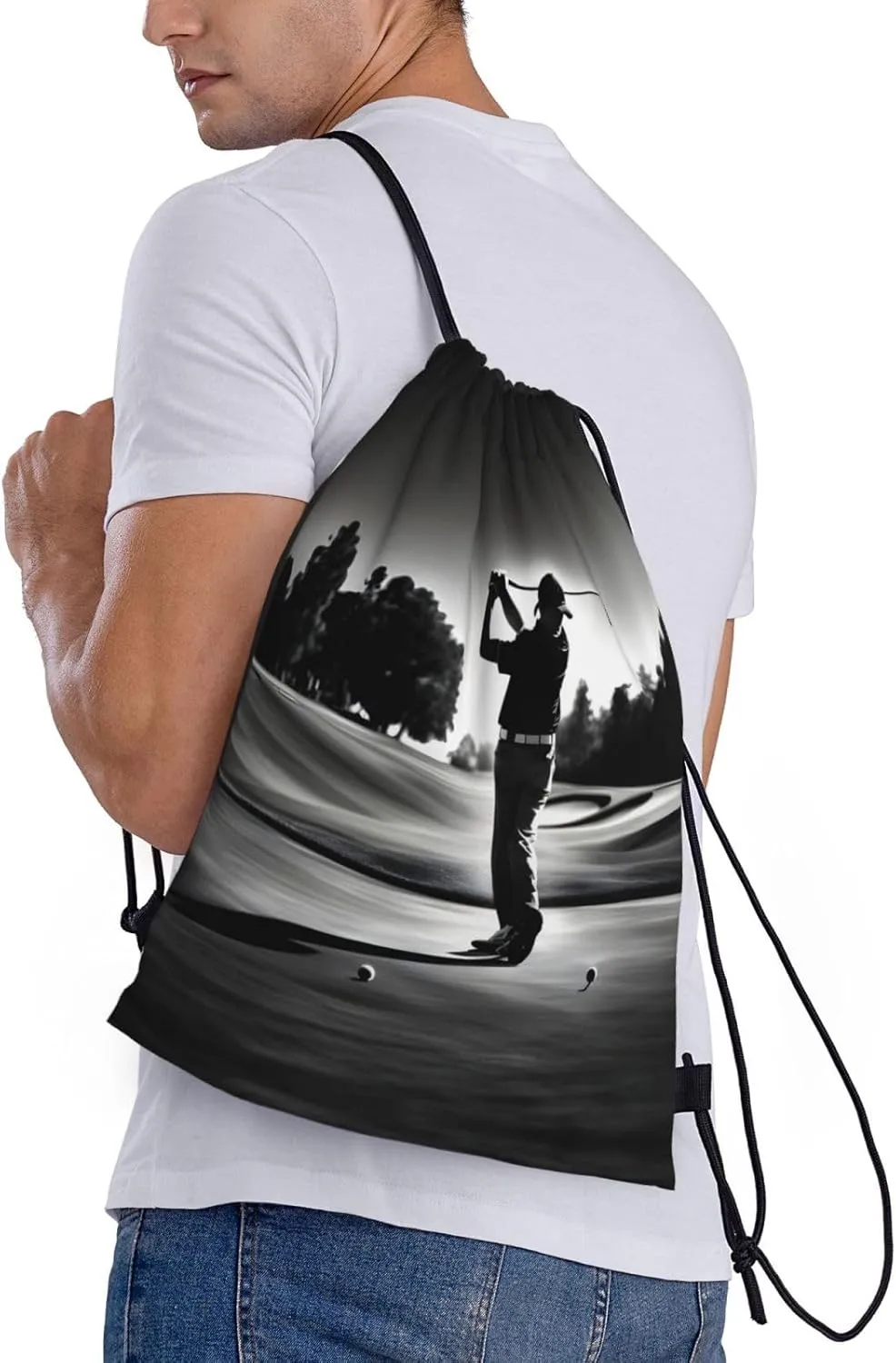 Black And White Golfs Waterproof Drawstring Gym Backpack Bag For Men&Women,Sport Gym Sack Travel Daypack,Personalized