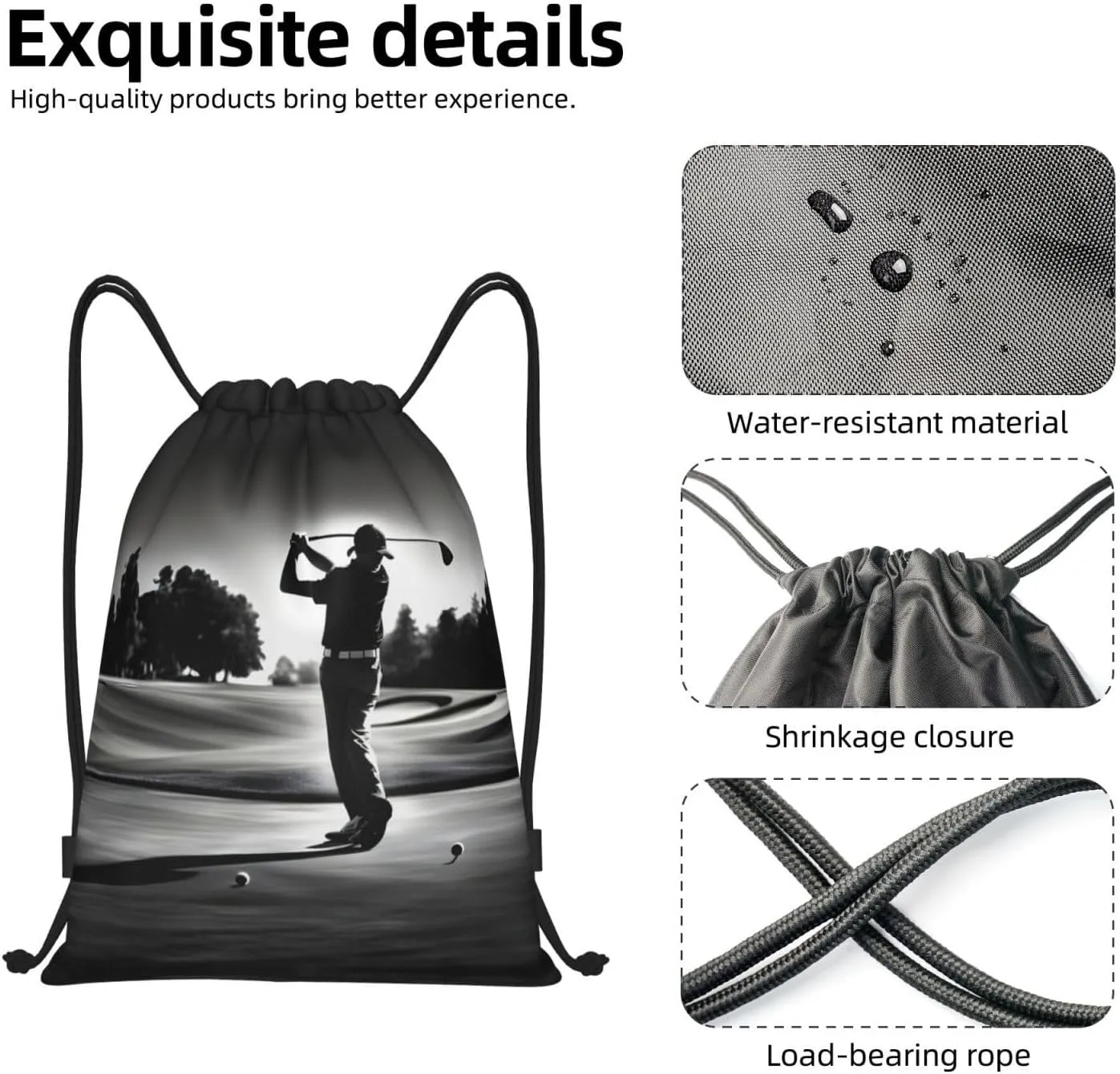 Black And White Golfs Waterproof Drawstring Gym Backpack Bag For Men&Women,Sport Gym Sack Travel Daypack,Personalized