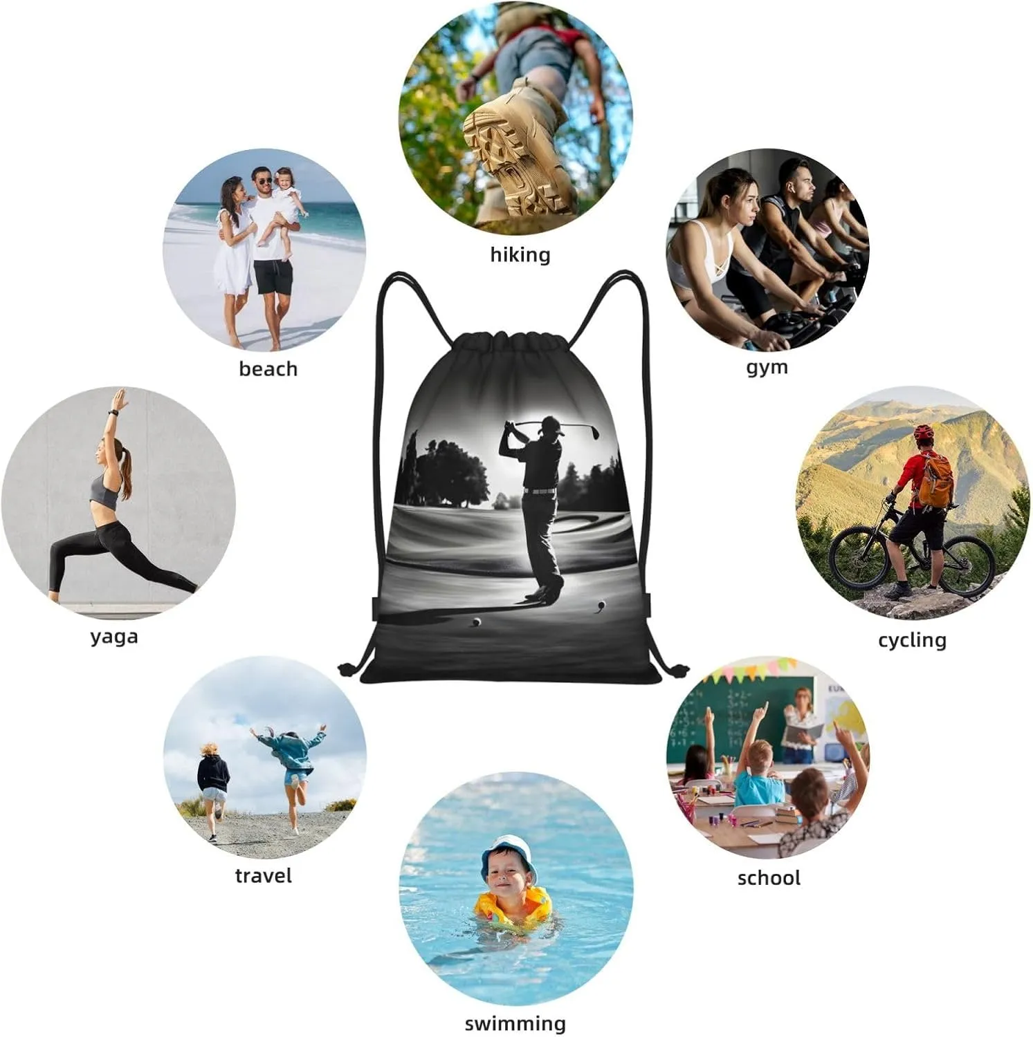 Black And White Golfs Waterproof Drawstring Gym Backpack Bag For Men&Women,Sport Gym Sack Travel Daypack,Personalized
