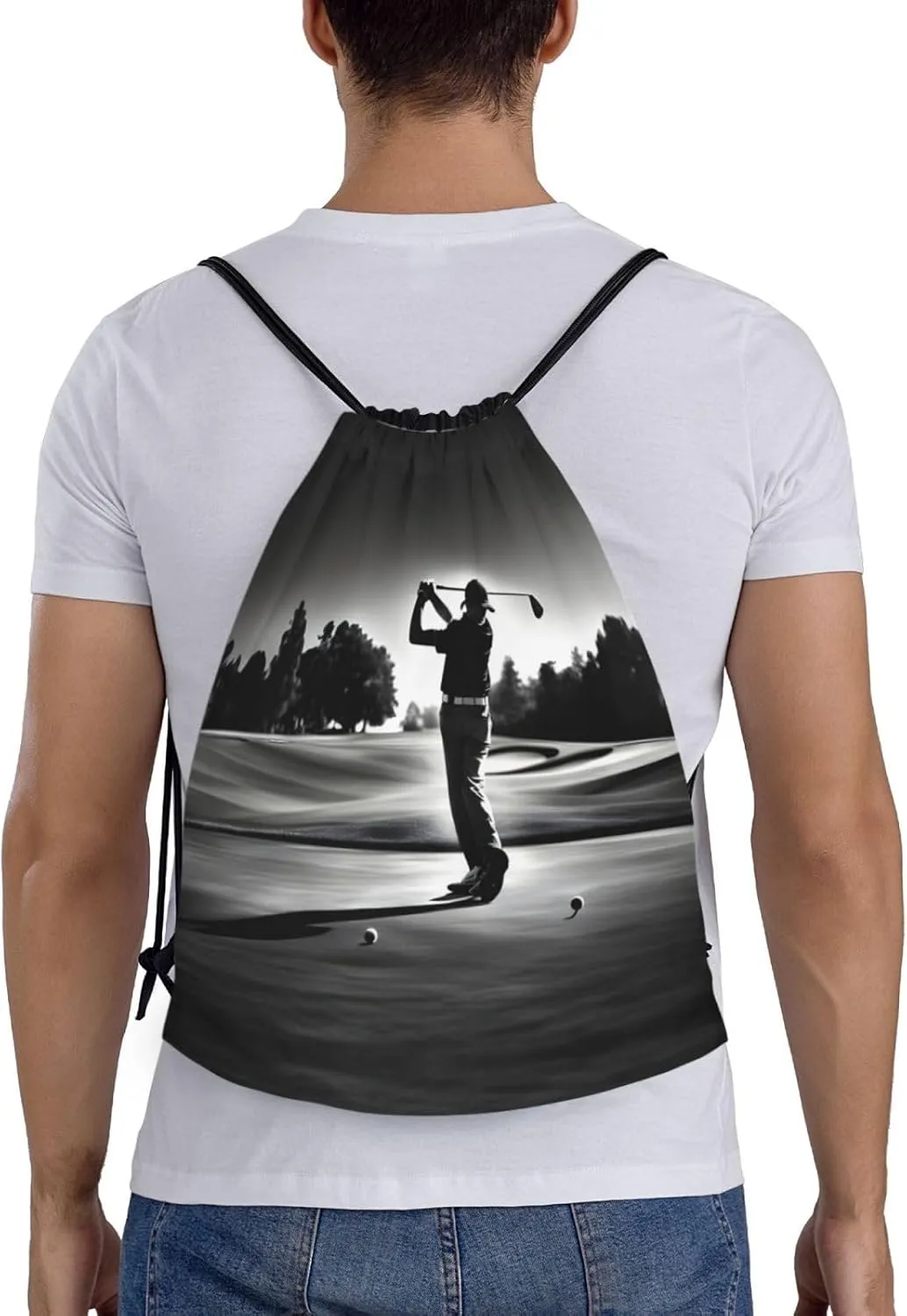 Black And White Golfs Waterproof Drawstring Gym Backpack Bag For Men&Women,Sport Gym Sack Travel Daypack,Personalized