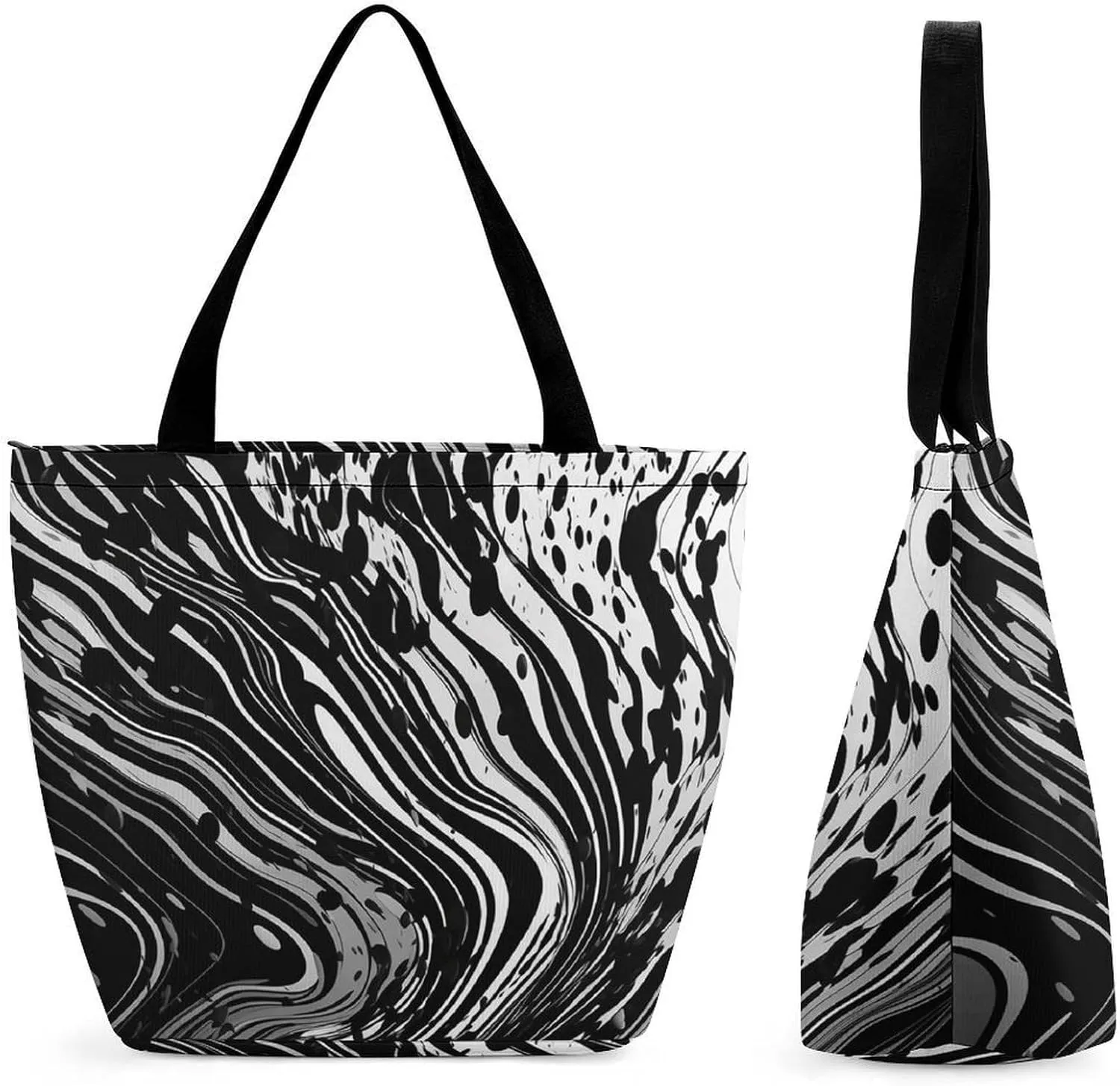 Black Curve Style Reusable Shopping Handbag Large Lady Casual Shoulder Bag Handbag Foldable Beach Bag Travel Wallet Grocery Bags for Women