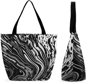 Black Curve Style Reusable Shopping Handbag Large Lady Casual Shoulder Bag Handbag Foldable Beach Bag Travel Wallet Grocery Bags for Women