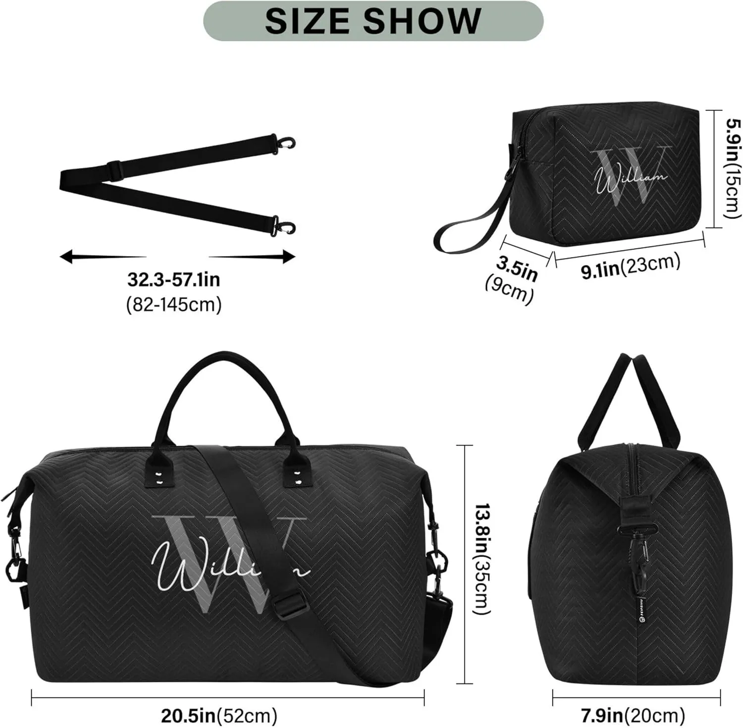 Black Custom Travel Duffel Bag with Toiletry Bag Personalized Weekender Bag for Travel Business Sports Large Gym Carry On Bag for Women & Men