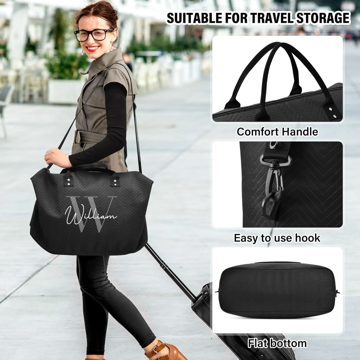 Black Custom Travel Duffel Bag with Toiletry Bag Personalized Weekender Bag for Travel Business Sports Large Gym Carry On Bag for Women & Men