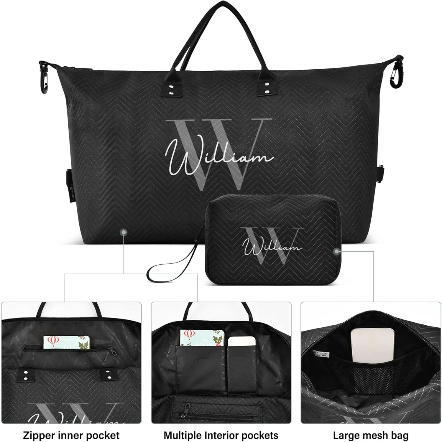 Black Custom Travel Duffel Bag with Toiletry Bag Personalized Weekender Bag for Travel Business Sports Large Gym Carry On Bag for Women & Men