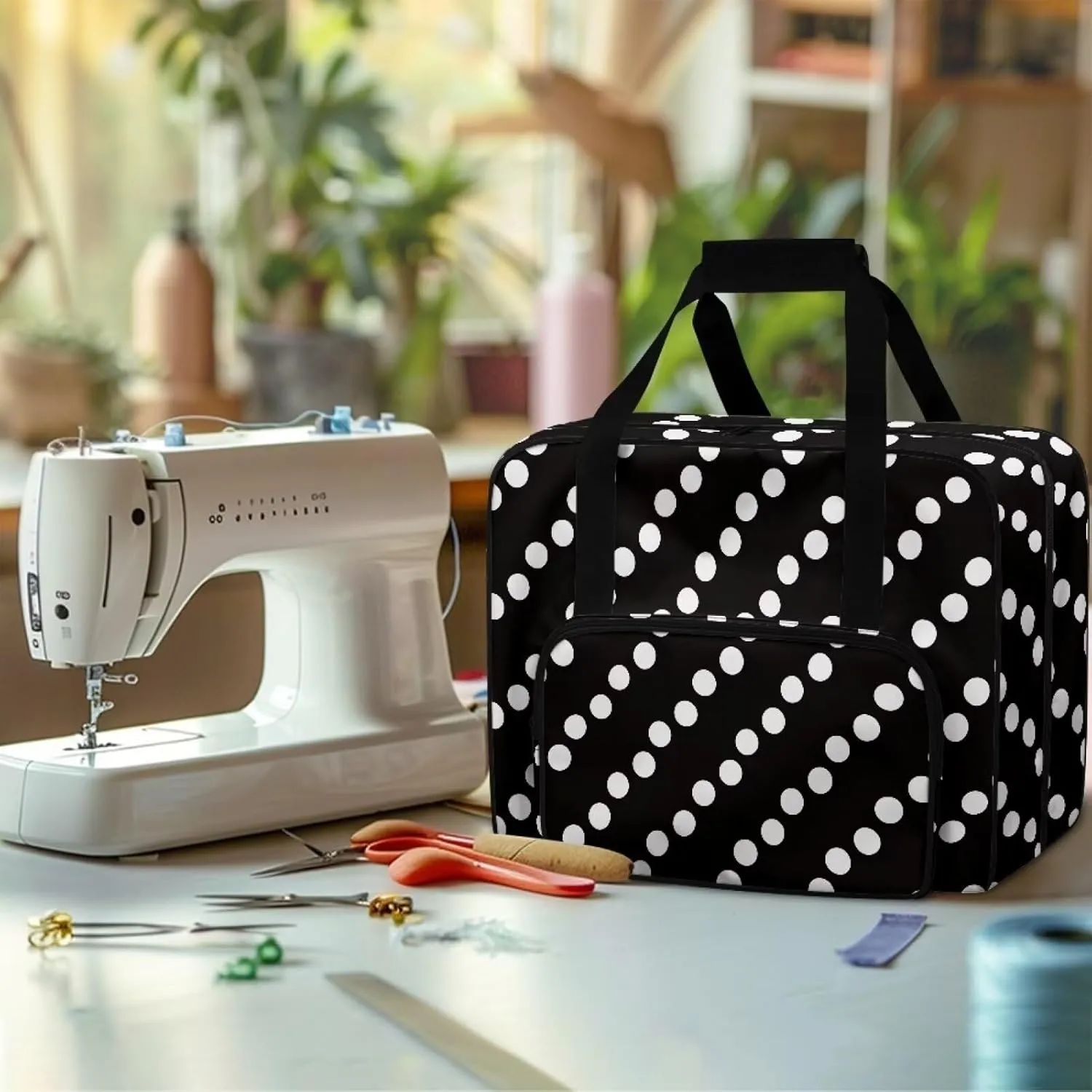 Black Dot Large Sewing Organizer Bag Crochet Carrying Case Knitting Bag Sewing Storage Bag for Sewing Supplies Sewing Accessories
