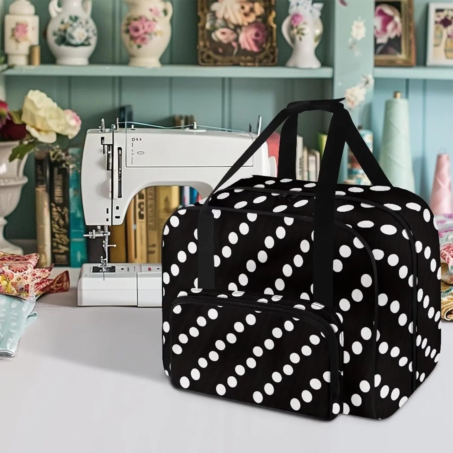 Black Dot Large Sewing Organizer Bag Crochet Carrying Case Knitting Bag Sewing Storage Bag for Sewing Supplies Sewing Accessories