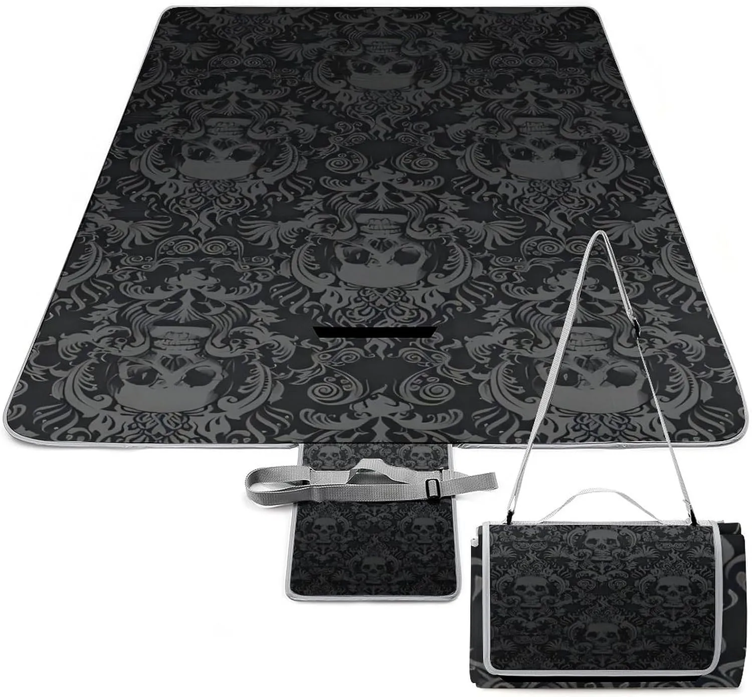 Black Goth Gothic Skull Damask Pattern Waterproof Outdoor Picnic Blanket Sandproof Beach Mat for Camping Hiking Grass Travelling, 58.3x58.3in