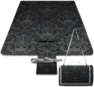 Black Goth Gothic Skull Damask Pattern Waterproof Outdoor Picnic Blanket Sandproof Beach Mat for Camping Hiking Grass Travelling, 58.3x58.3in