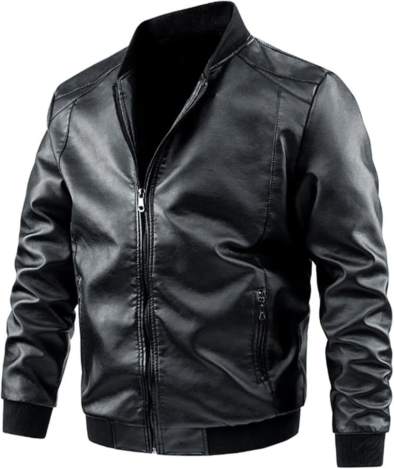 Black Leather Jacket Men Solid Color Zip PU Leather Jacket Short Lapel Motorcycle Leather Jacket Leather Jacket