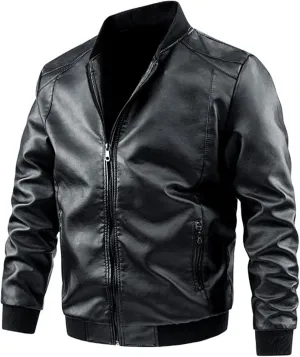 Black Leather Jacket Men Solid Color Zip PU Leather Jacket Short Lapel Motorcycle Leather Jacket Leather Jacket