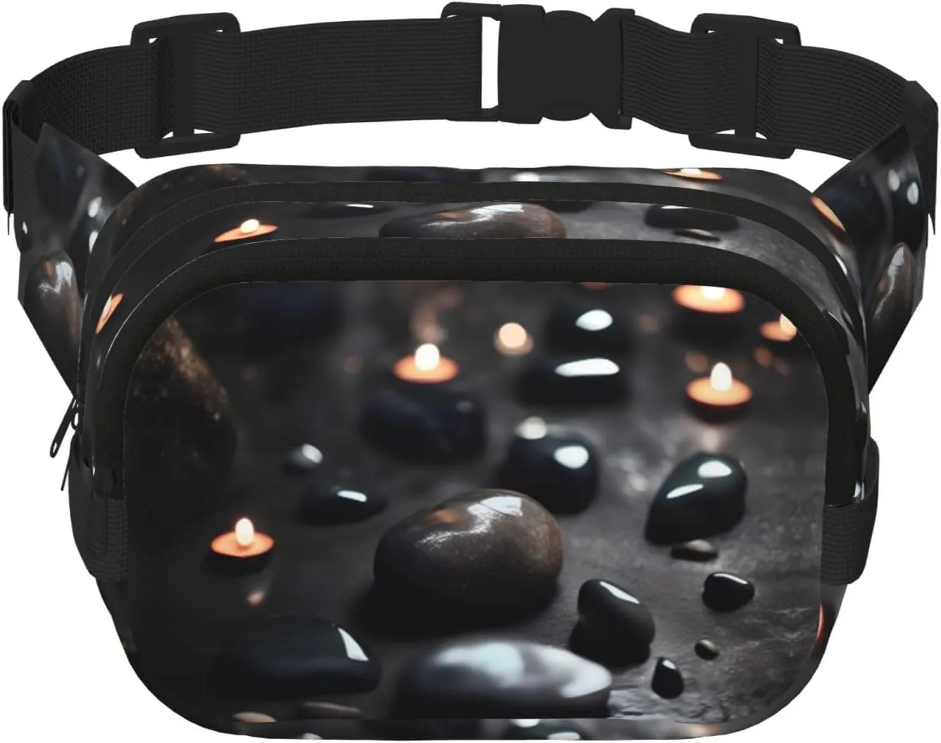 Black Mystery Heart Stone Printed Fashion Crossbody Bag, Hiking Waist Bag, Square Double Layer Travel and Fitness Shoulder Bag
