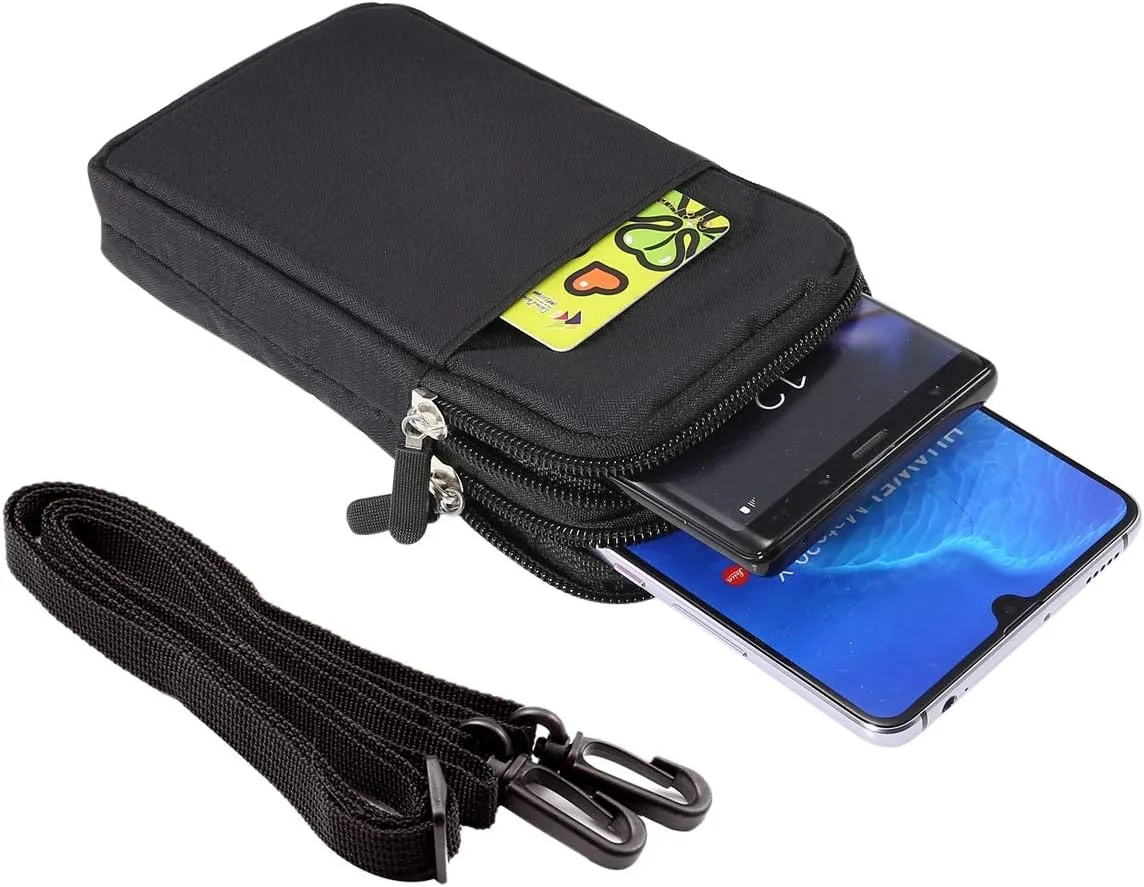 Black Shoulder Phone Bag, Cell Phone Belt Clip Pouch, 6.0" Ladies Men Travel Shoulder Messenger Crossbody Bag with Strap Zipper Waist Pocket Purse Wallet Belt Clip Holder with Carabiner Hook Handbag