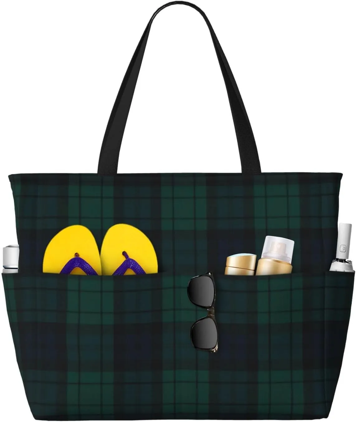 Black Watch Tartan Beach Bag Women Tote Bag Pool Bag With Zipper For Gym Grocery Travel With Wet Pocket