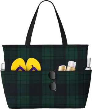 Black Watch Tartan Beach Bag Women Tote Bag Pool Bag With Zipper For Gym Grocery Travel With Wet Pocket