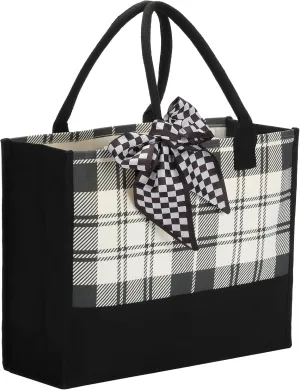 Black White Polka Dot Checkered Plaid Stripes Canvas Tote Bag, Waterproof Durable Tear Resistant with Zipper Closure