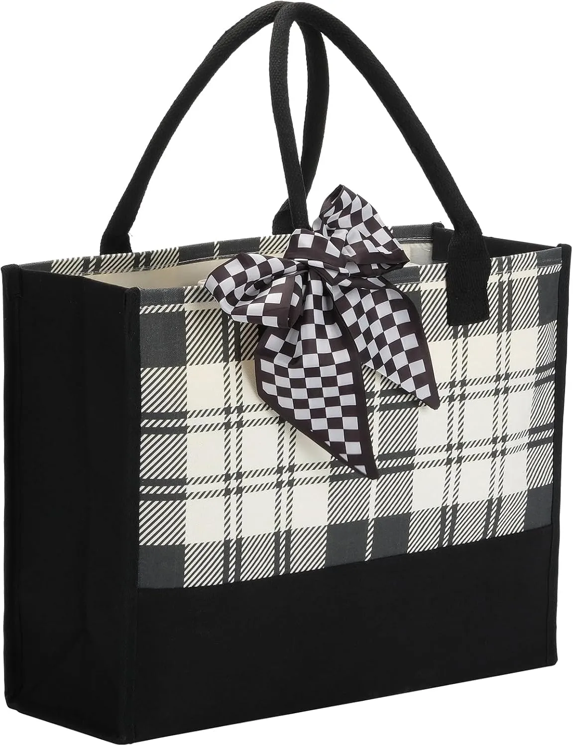 Black White Polka Dot Checkered Plaid Stripes Canvas Tote Bag, Waterproof Durable Tear Resistant with Zipper Closure
