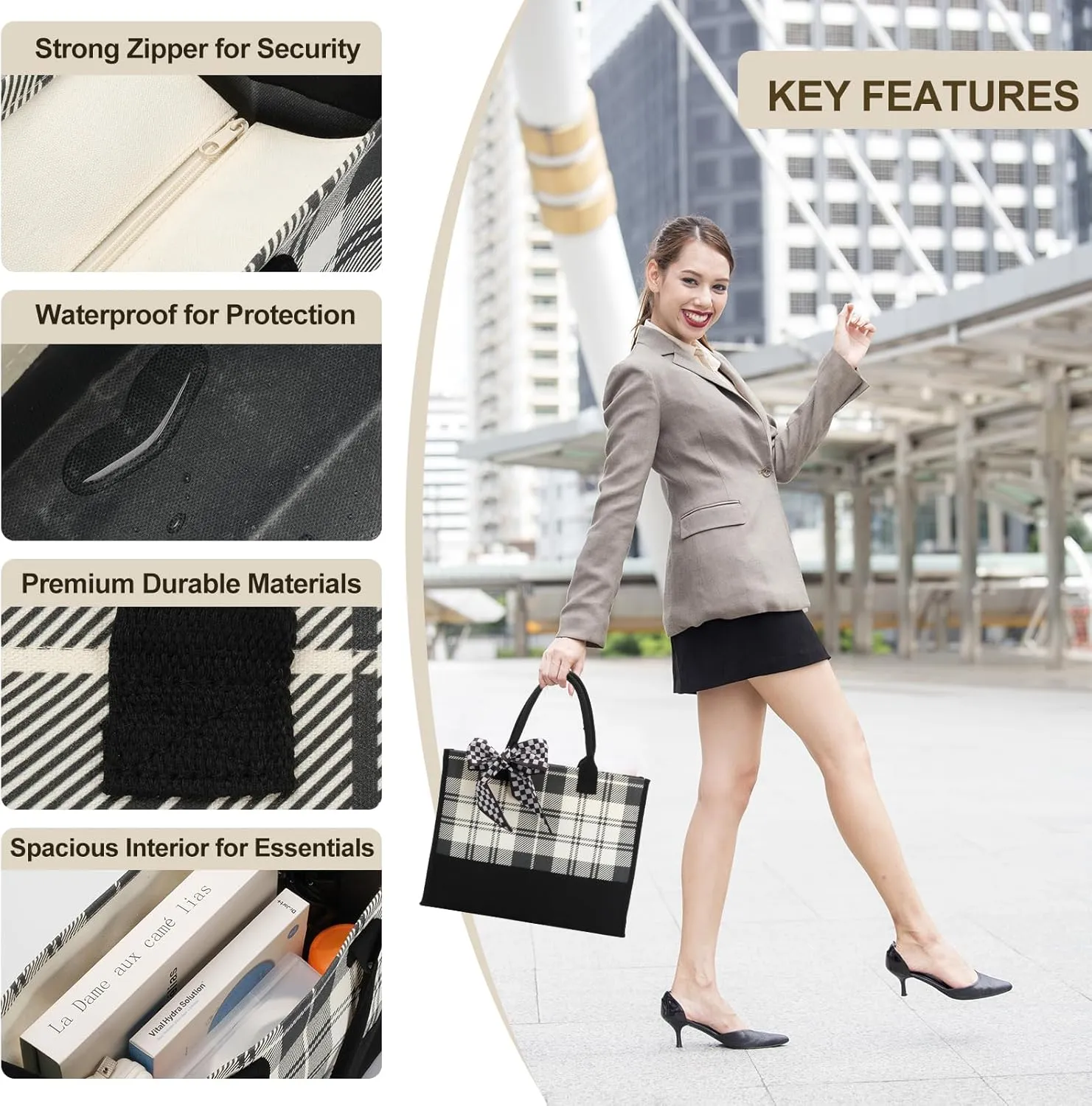 Black White Polka Dot Checkered Plaid Stripes Canvas Tote Bag, Waterproof Durable Tear Resistant with Zipper Closure