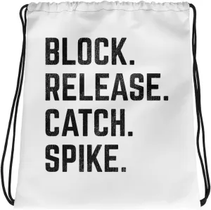 Block Release Catch Spike Football - White Drawstring Bag with Shoulder Straps, 15 Inches x 17 Inches