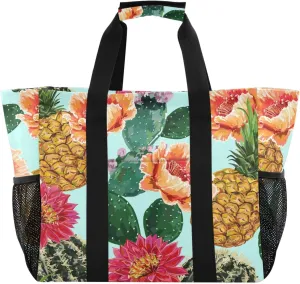Blooming Cactus Succulents Pineapple Beach Tote Pool Bags for Women Ladies Large Waterproof Gym Tote Carry On Bag for Weekender Swim Gym Shopping Travel Daily Bag