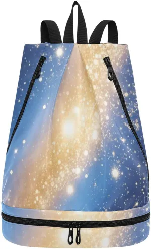 Blue and gold romantic starry universe Drawstring gym bags sturdy womens gym bag with Wet Dry Compartments