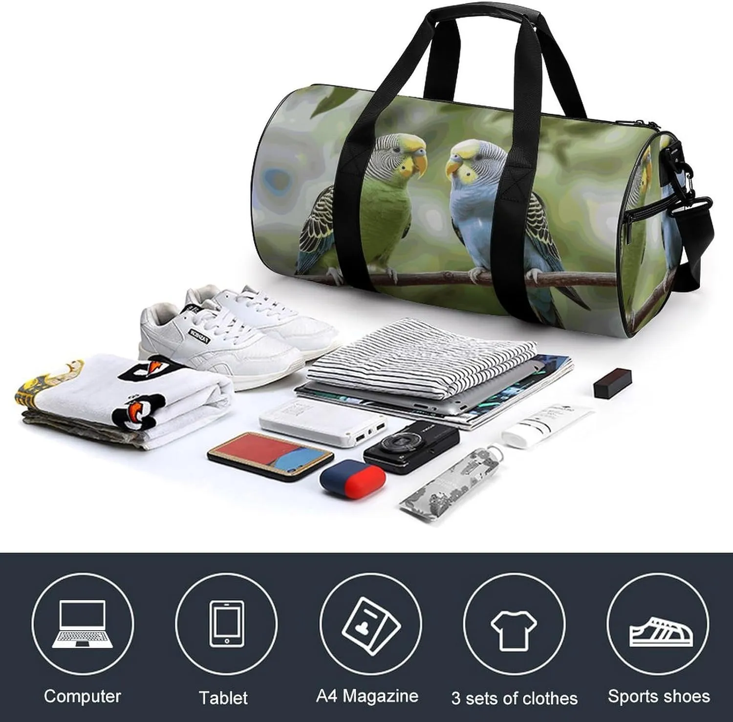 Blue And Green Parakeets Gym Bag Small Travel Duffle Bag with Compartment Carry On Weekender Bag for Women Men