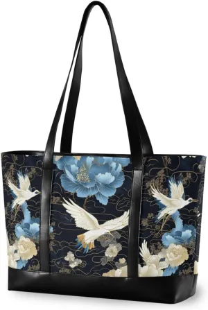Blue and White Vintage Crane Flowers professional computer bags with zipper bag for work for college with Travel Essentials Beach Gifts Birthday Gifts for Women cartera para laptop de mujer