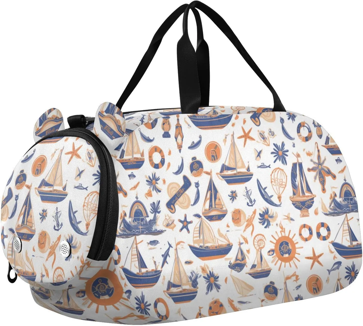 Blue Boat White Backround Boy's Gym Duffel Bag with Shoes Compartment Lightweight Weekender Overnight Range Bag for Travel, Sports, Fitness & Workout