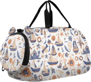 Blue Boat White Backround Boy's Gym Duffel Bag with Shoes Compartment Lightweight Weekender Overnight Range Bag for Travel, Sports, Fitness & Workout