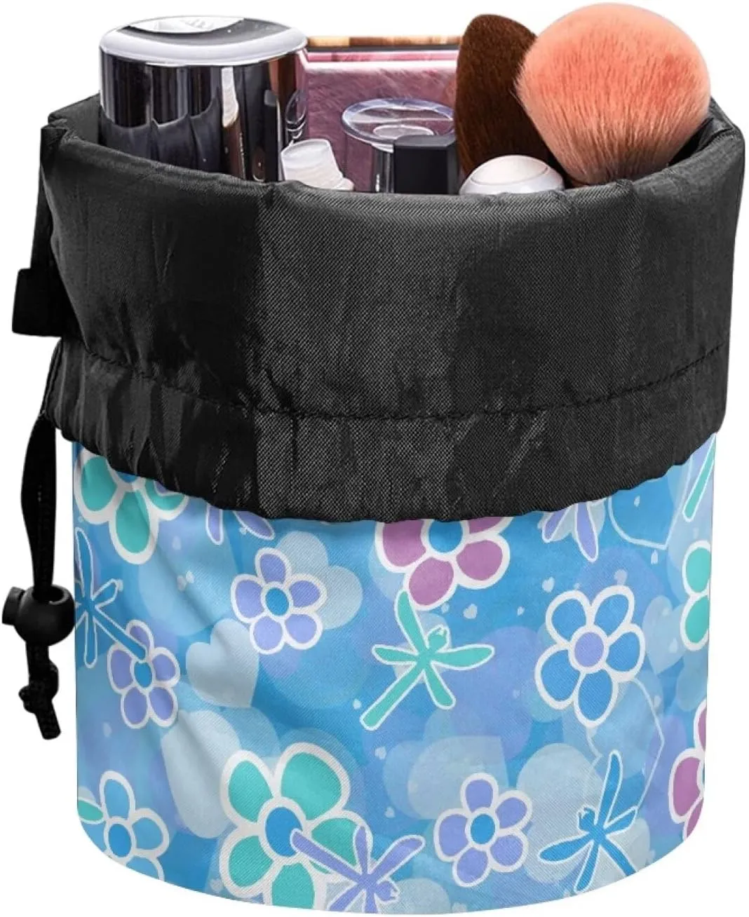 Blue Dragonfly drawstring makeup bag opens flat collapsible makeup bag travel essentials for women round travel cosmetic bag travel toiletry bag makeup travel organizer makeup bucket