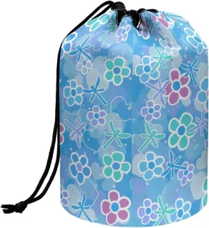 Blue Dragonfly drawstring makeup bag opens flat collapsible makeup bag travel essentials for women round travel cosmetic bag travel toiletry bag makeup travel organizer makeup bucket