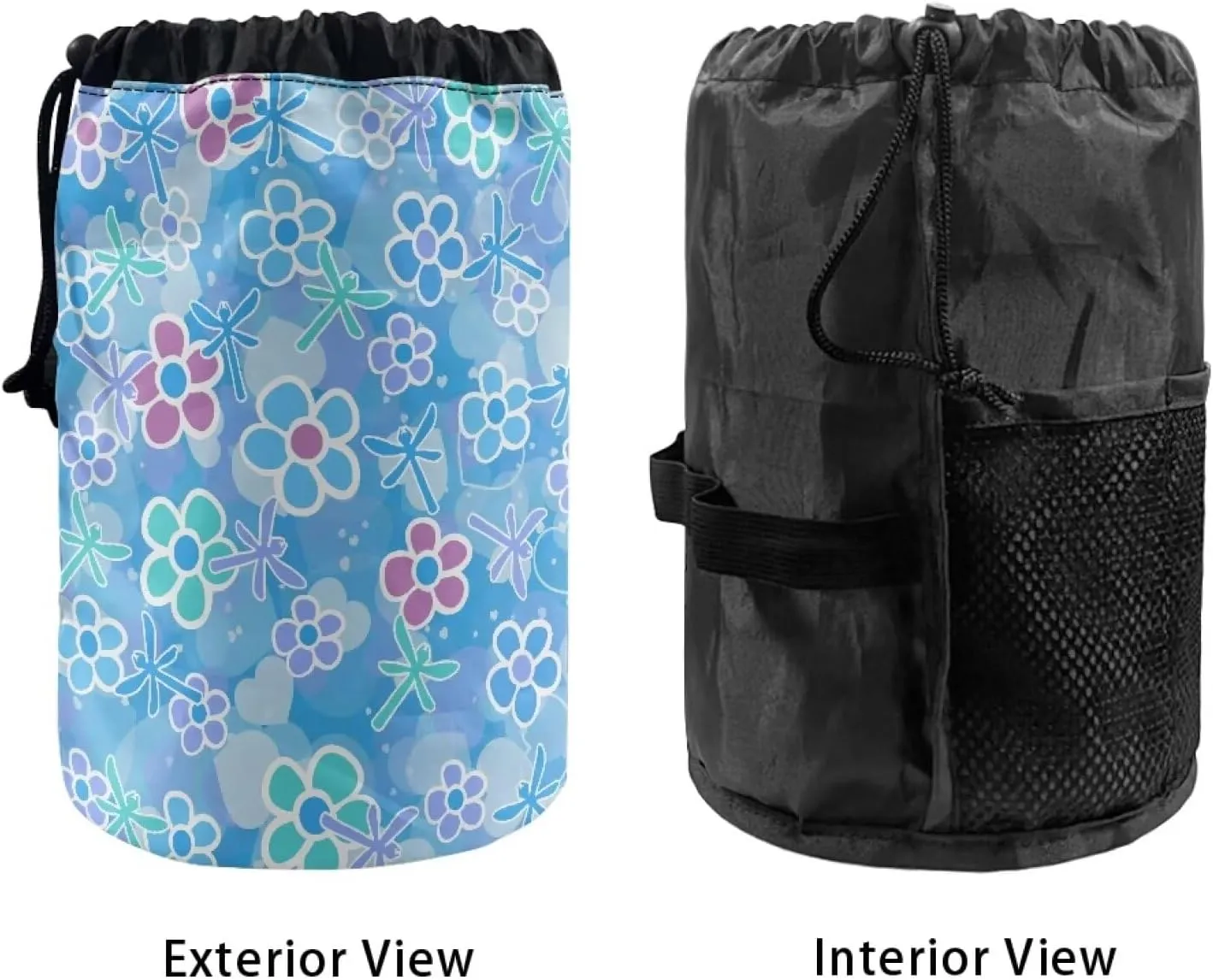 Blue Dragonfly drawstring makeup bag opens flat collapsible makeup bag travel essentials for women round travel cosmetic bag travel toiletry bag makeup travel organizer makeup bucket