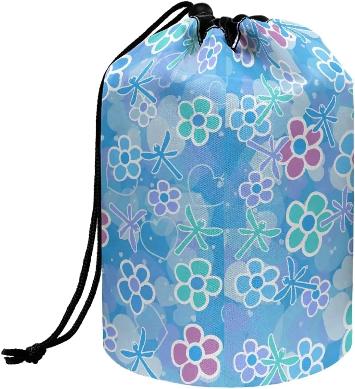 Blue Dragonfly drawstring makeup bag opens flat collapsible makeup bag travel essentials for women round travel cosmetic bag travel toiletry bag makeup travel organizer makeup bucket